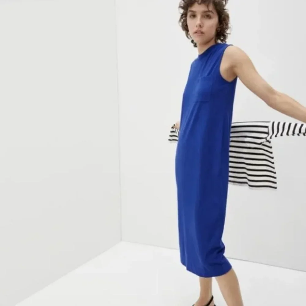 Everlane Organic Cotton The Long Weekend Tank Midi Dress with Side Slit in Blue